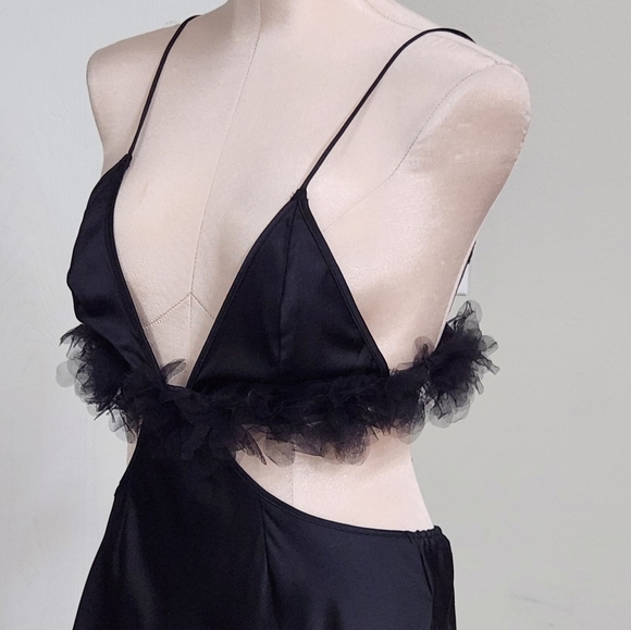 New!For Love and Lemons Satin Cutout Tulle Trim Slip Dress - Picture 9 of 15